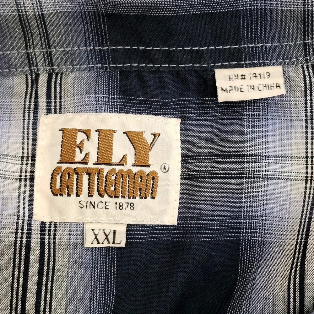 Ely Cattleman Long Sleeve Pearl Snap Shirt Mens XXL Blue Plaid Western Cowboy‎